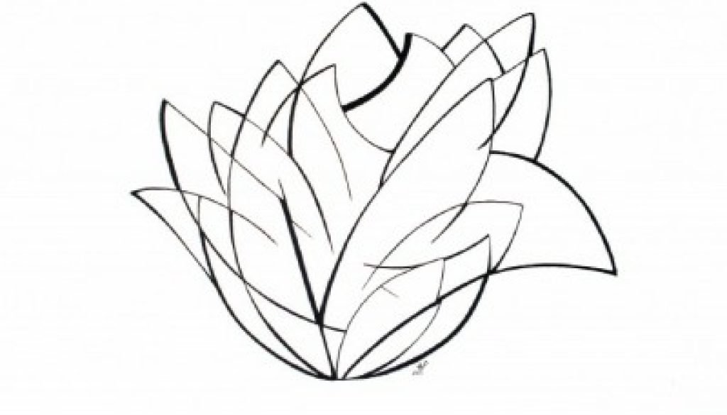 Abstract black and white line drawing of a flower.