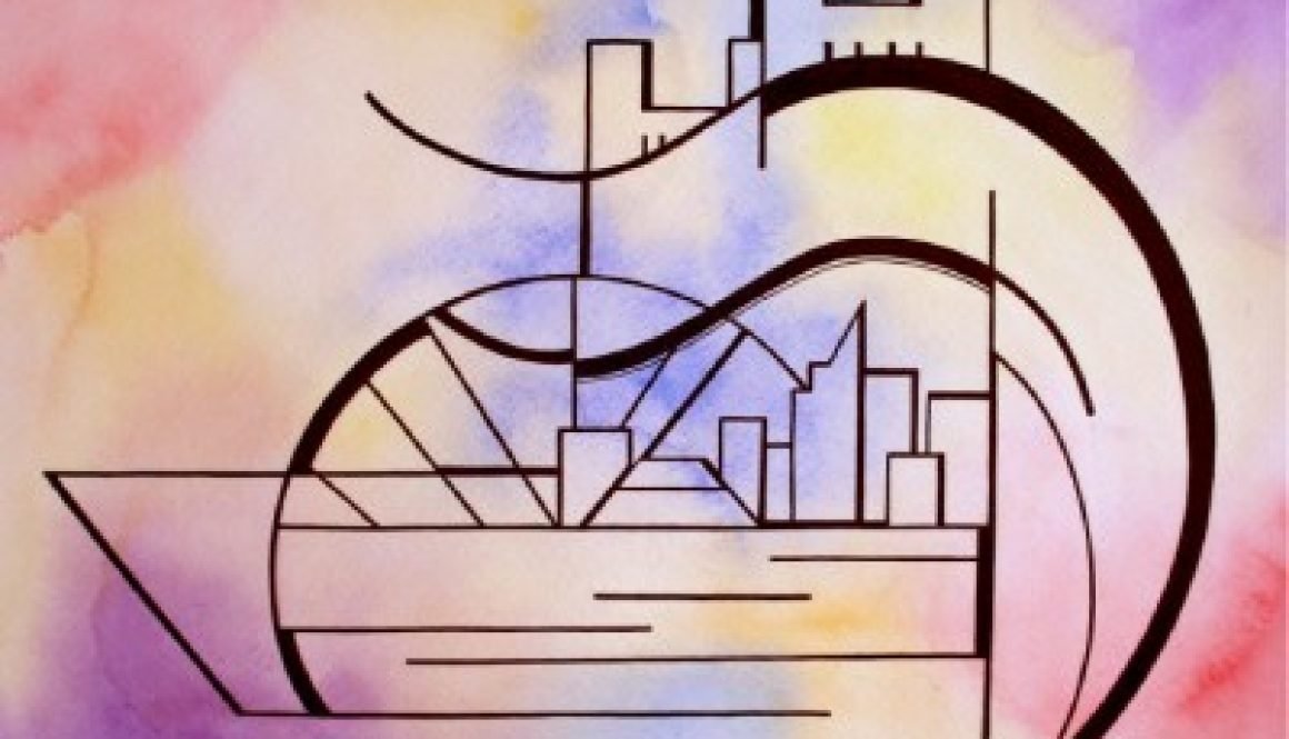 Watercolor and Ink abstract painting of the Tower Bridge, Sacramento, and a Riverboat.
