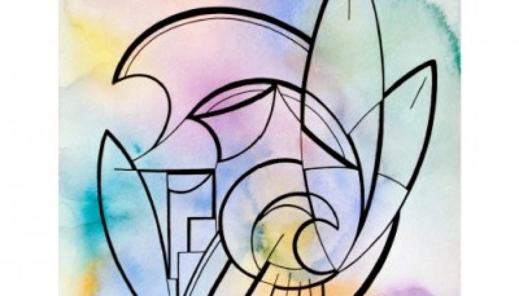 Watercolor and Ink contemporary line drawing of Diamond Head and Waikiki beach.