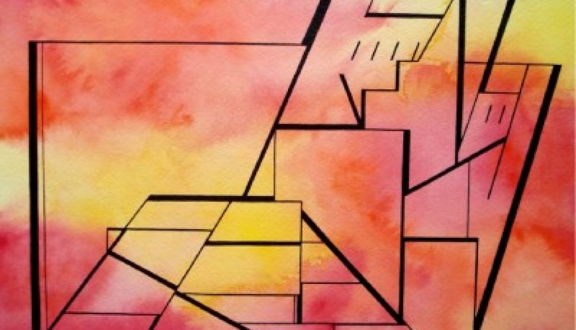 Watercolor and Ink line drawing with yellow, red, and orange colors of Sacramento, CA.