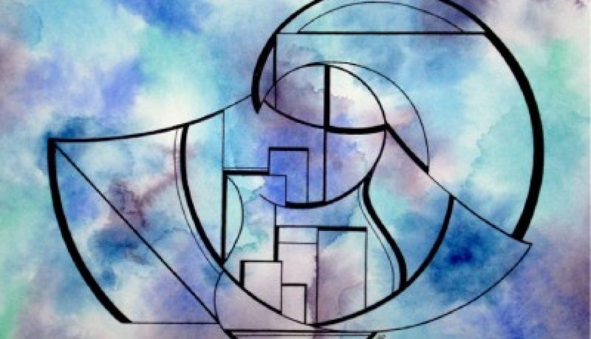 Watercolor and Ink abstract painting of Diamond Head, an Ukulele, and wave over Honolulu in cool colors.