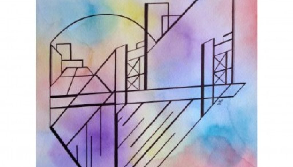 Watercolor and Ink modern painting of the Tower Bridge and the Sacramento River.