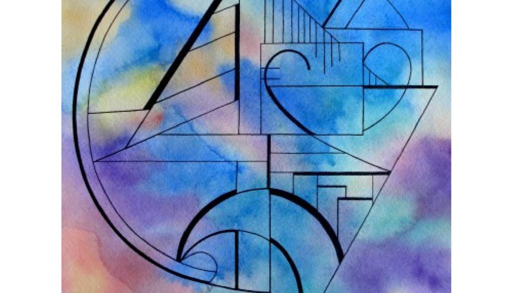 Watercolor and ink abstract painting of the new San Francisco Bay Bridge, the Union Square heart, and a wave.