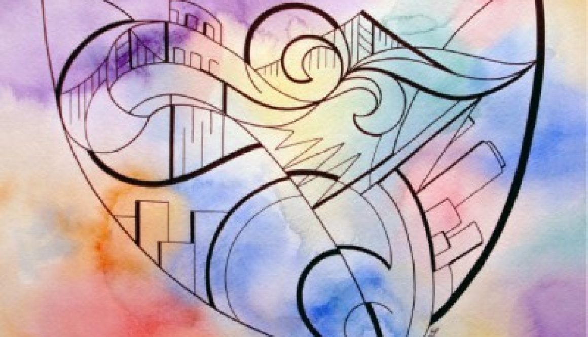 Watercolor and Ink drawing of the Coit Tower, Golden Gate Bridge, and Transamerica Building in San Francisco.