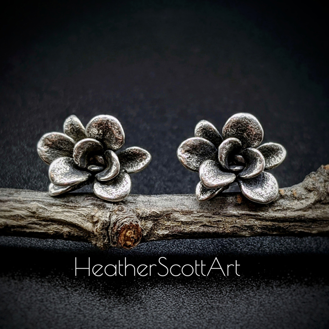 Photo of 1/2" Diameter Sterling Silver Cape Blanco Succulent Stud Earrings Displayed on a Branch